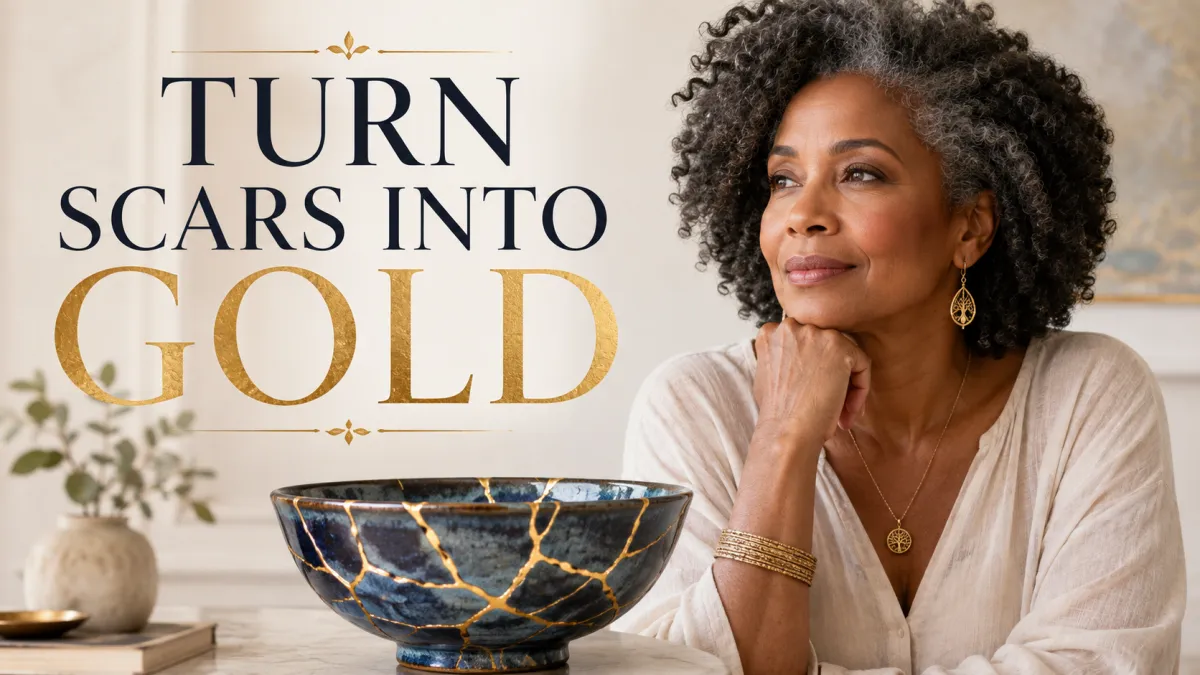 midlife woman beside a beautifully repaired kintsugi bowl with gold cracks, representing forgiveness, healing, and transformation