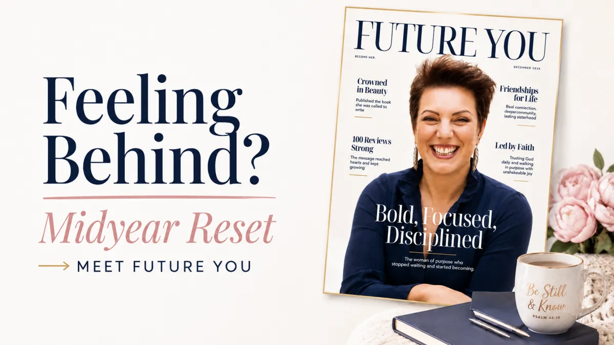 a midyear reset featuring a Future You magazine cover, encouraging Christian midlife women to revisit their goals and choose one faithful next step.