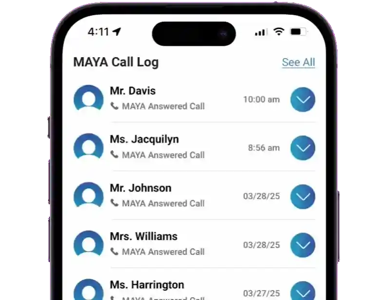 list of call transcripts from MAYA ai receptionist
