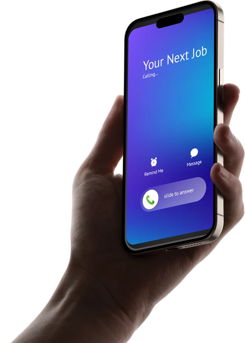Contractor holding work tools with phone showing MAYA voice AI — keep your crews working with Dyalog