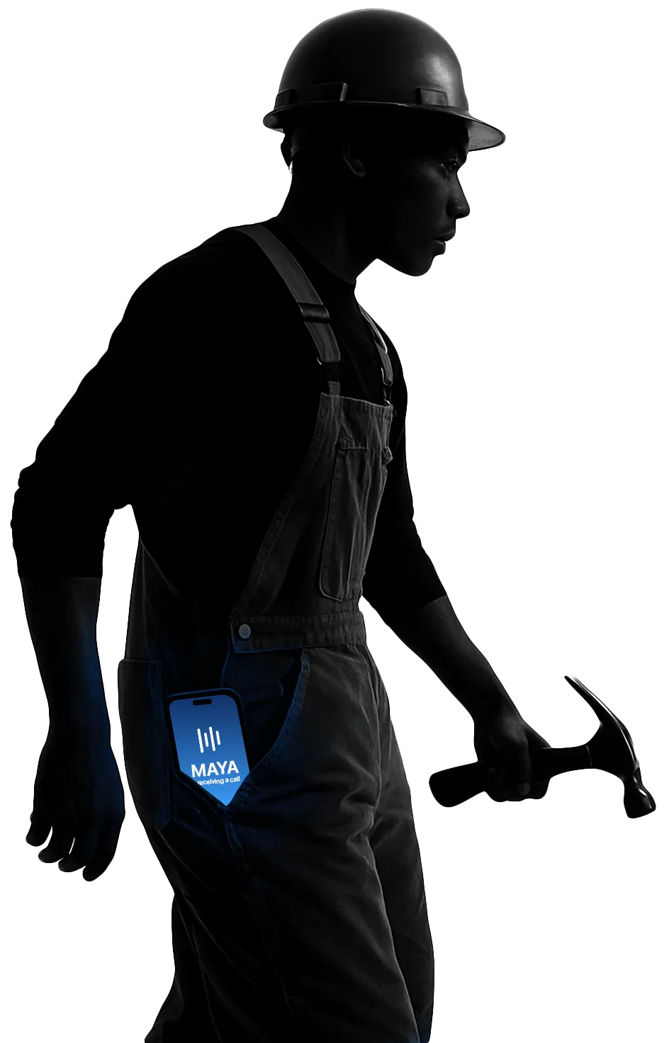 Contractor holding work tools with phone showing MAYA voice AI — keep your crews working with Dyalog