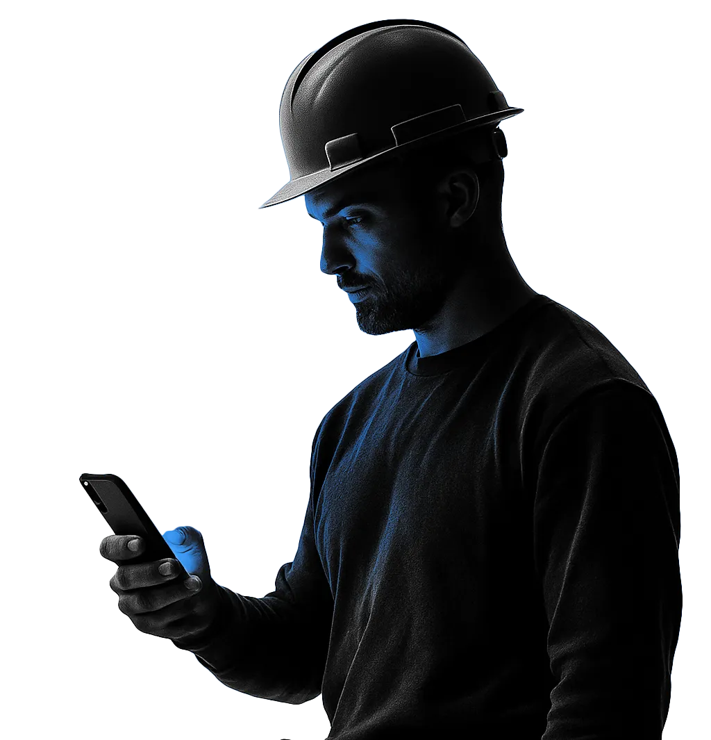 Contractor checking phone with MAYA AI interface — Dyalog filters out bad leads automatically”