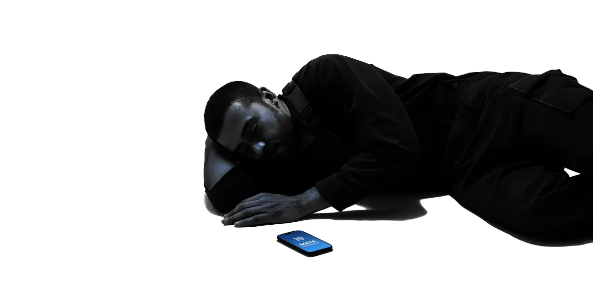 Contractor sleeping peacefully beside phone showing MAYA AI — capture every call day or night