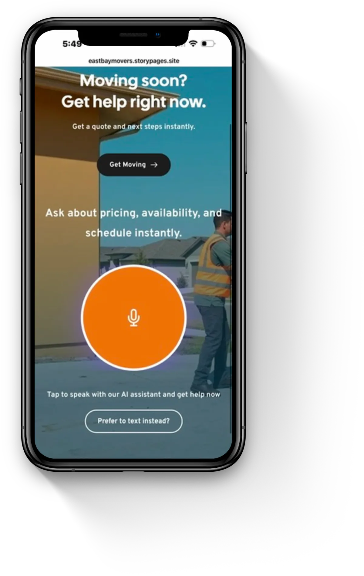 Contractor holding work tools with phone showing MAYA voice AI — keep your crews working with Dyalog