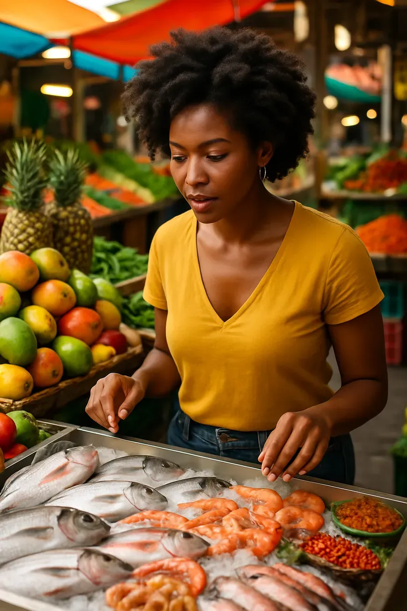 man in blue jacket standing in front of fruit stand
