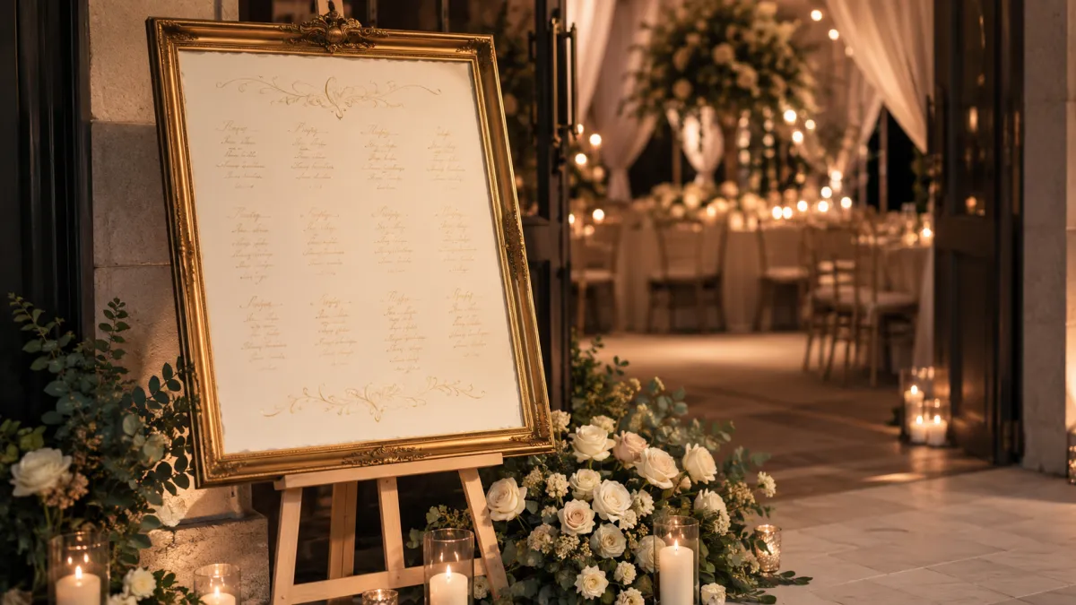 Plan de așezare a invitaților la mese — seating chart elegant la nuntă