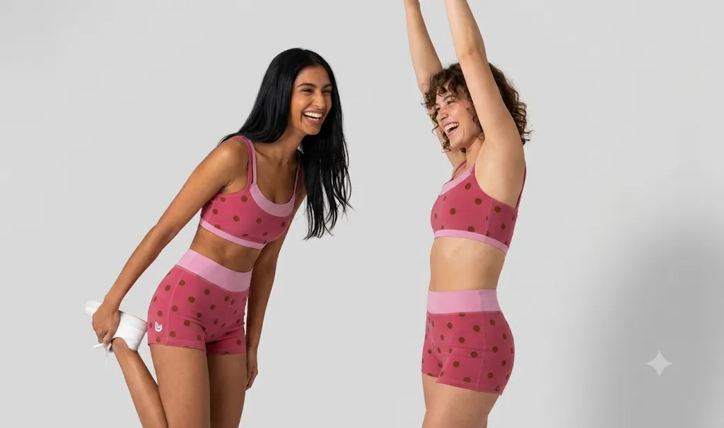 Woman happily stretching in 4-way stretch activewear