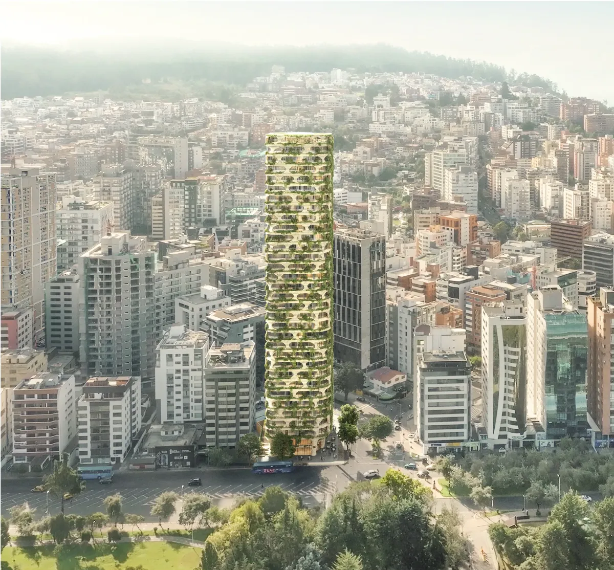 Framed cityscape view of an urban skyline at golden hour.