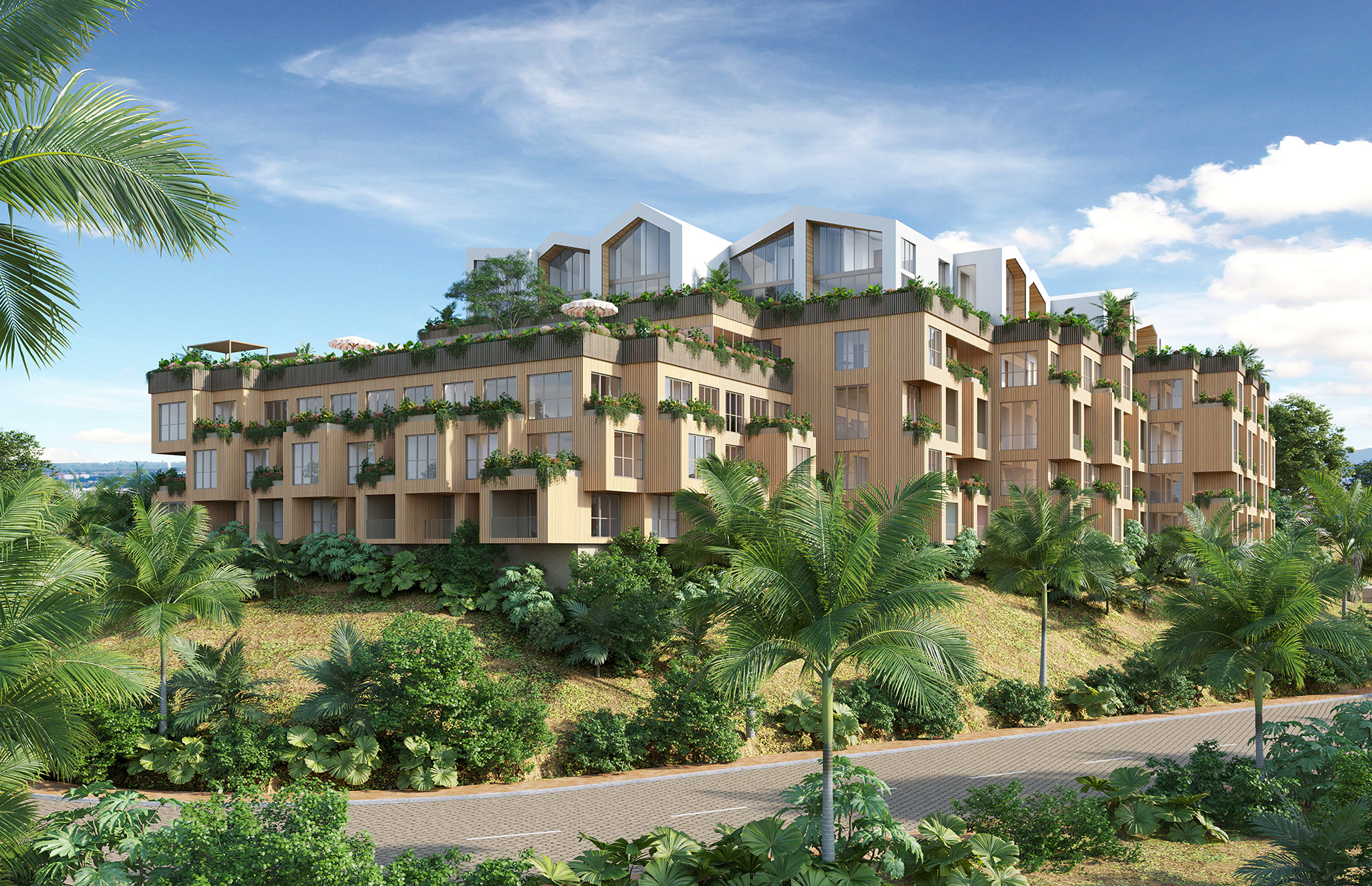 Panoramic hilltop residential rendering with villas, terraces, and landscaped roofs overlooking Samborondón.