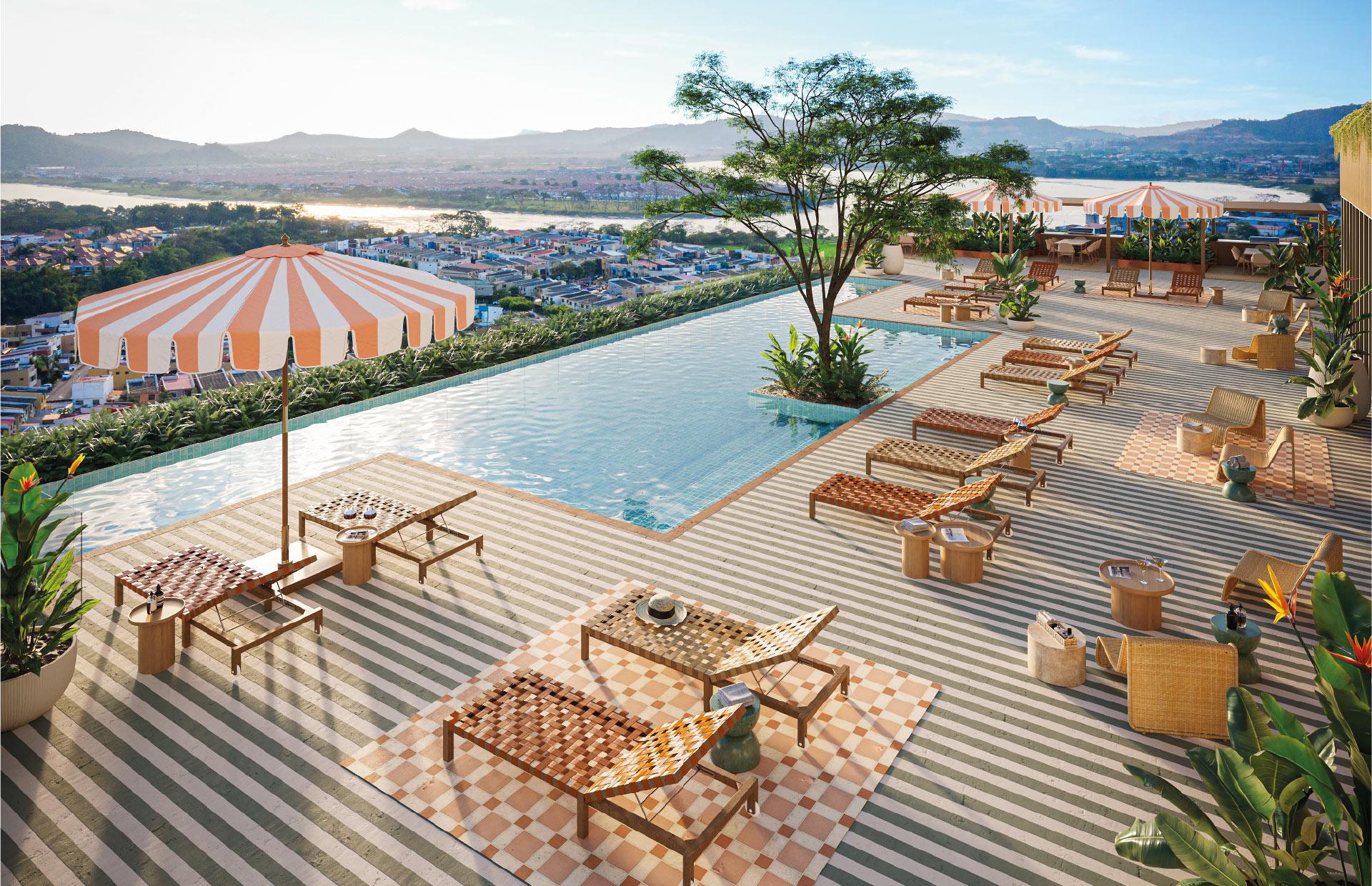 Terraza cálida con sala lounge y vista panorámica verde al atardecer, estilo La Dolce Vita