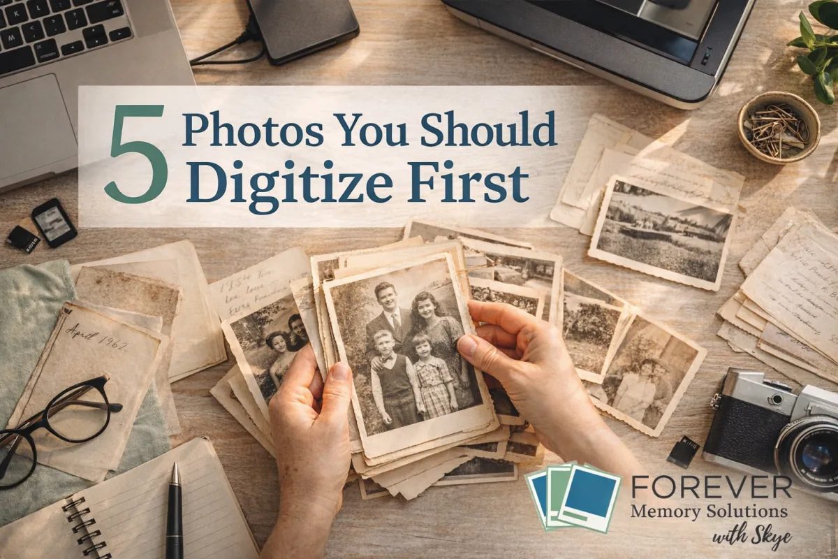 Hands organizing old family photos on a table with the title “5 Photos You Should Digitize First,” illustrating how to preserve and digitize family memories.