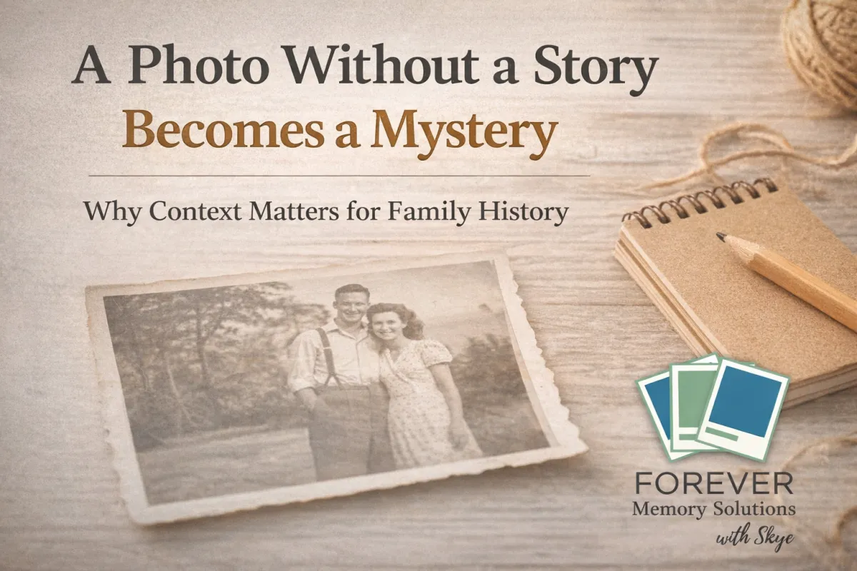 Vintage-style blog cover image with the title “A Photo Without a Story Becomes a Mystery: Why Context Matters for Family History,” showing a faded black-and-white photo beside a notebook and pencil on a wooden table, with the Forever Memory Solutions with Skye logo in the corner.