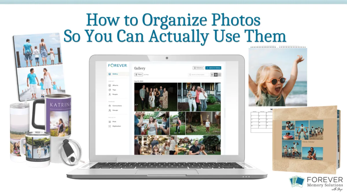 Laptop displaying an organized photo gallery alongside printed photo products, a calendar, and a photo book, showing how photos can be easily organized and used.