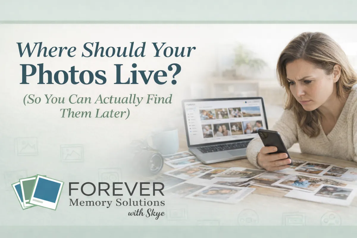 Woman struggling to find photos across phone and laptop, with scattered prints, illustrating photo organization and storage solutions with FOREVER Memory Solutions branding.