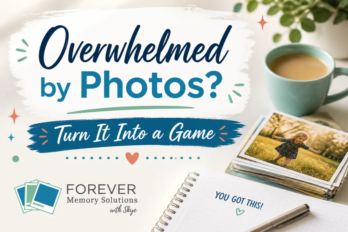 Cover image for a blog post titled ‘Overwhelmed by Photos? Turn It Into a Game.’ The design features a soft, warm-toned workspace with a coffee mug, printed photos, and a notebook, creating a relaxed, inviting feel. The headline is displayed prominently in blue and teal text, with the FOREVER Memory Solutions with Skye logo in the corner.