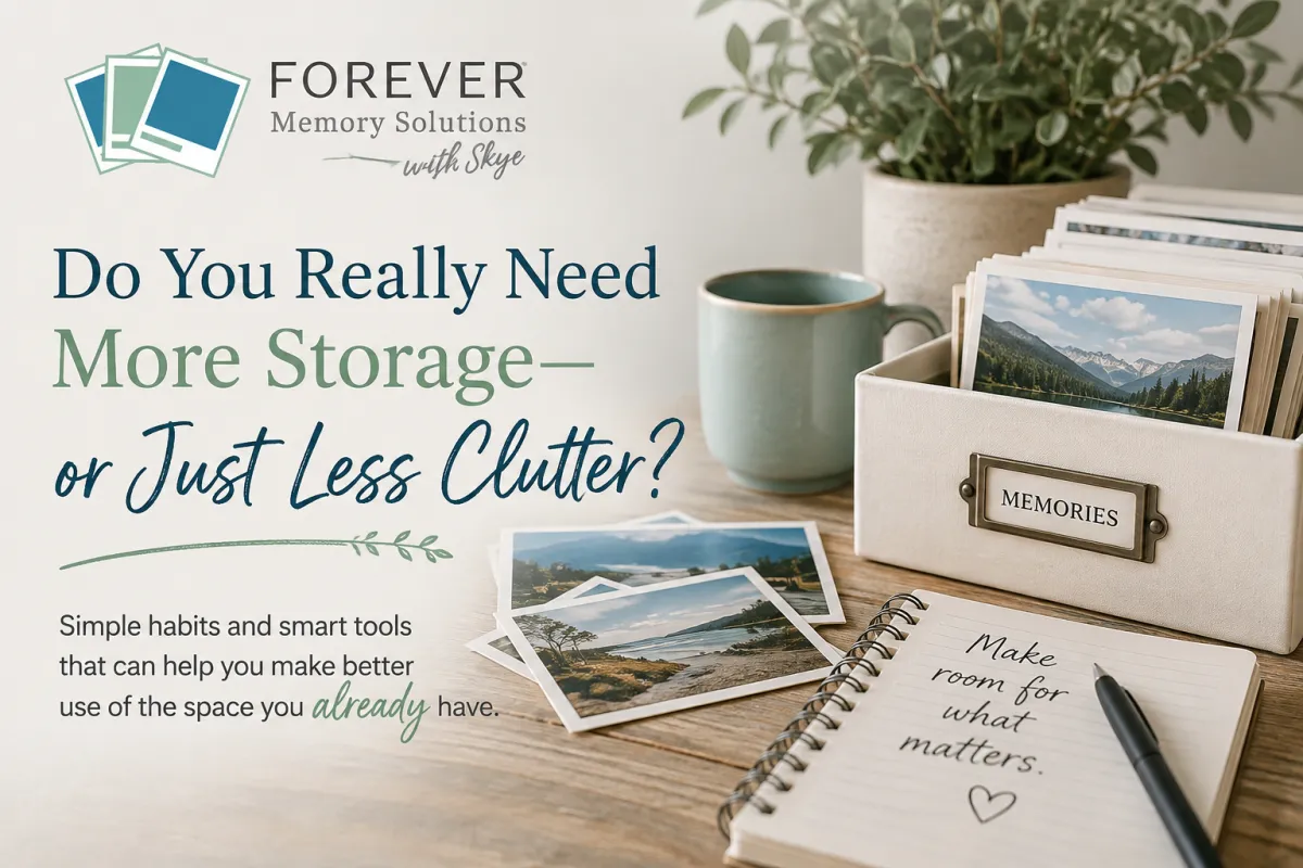 Cozy photo-organizing scene with printed photos, a memory box, notebook, and mug beside the title “Do You Really Need More Storage—or Just Less Clutter?”