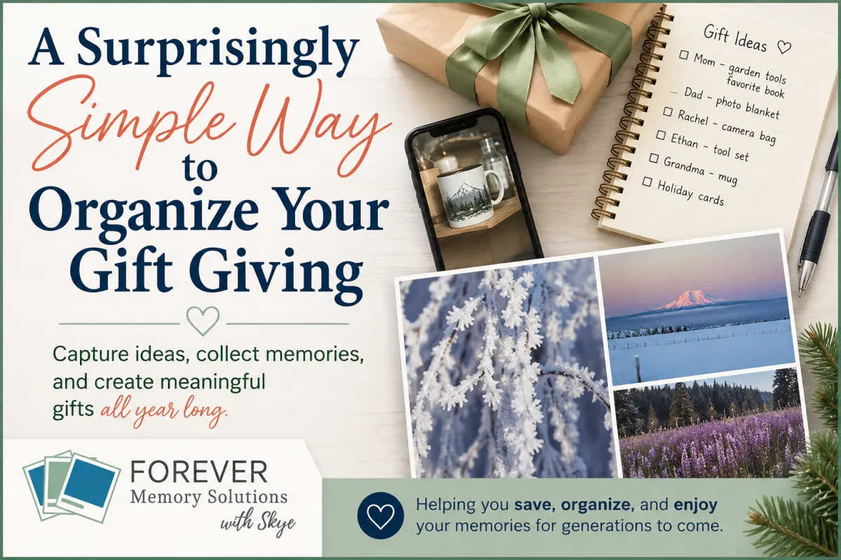 Cover image for “A Surprisingly Simple Way to Organize Your Gift Giving,” showing a gift-planning notebook, wrapped gift, phone, and photos being gathered for personalized gifts.