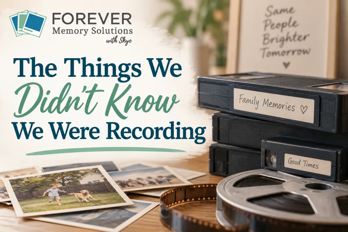 Cover image for “The Things We Didn’t Know We Were Recording,” featuring old VHS tapes, film reels, and family photos alongside the FOREVER Memory Solutions with Skye logo.