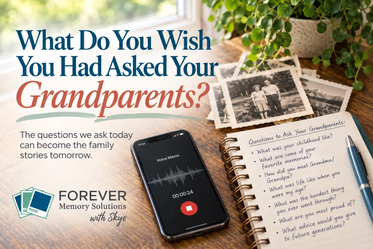 Cover image for ‘What Do You Wish You Had Asked Your Grandparents?’ featuring vintage family photos, a phone recording a voice memo, and a notebook with questions to ask grandparents.