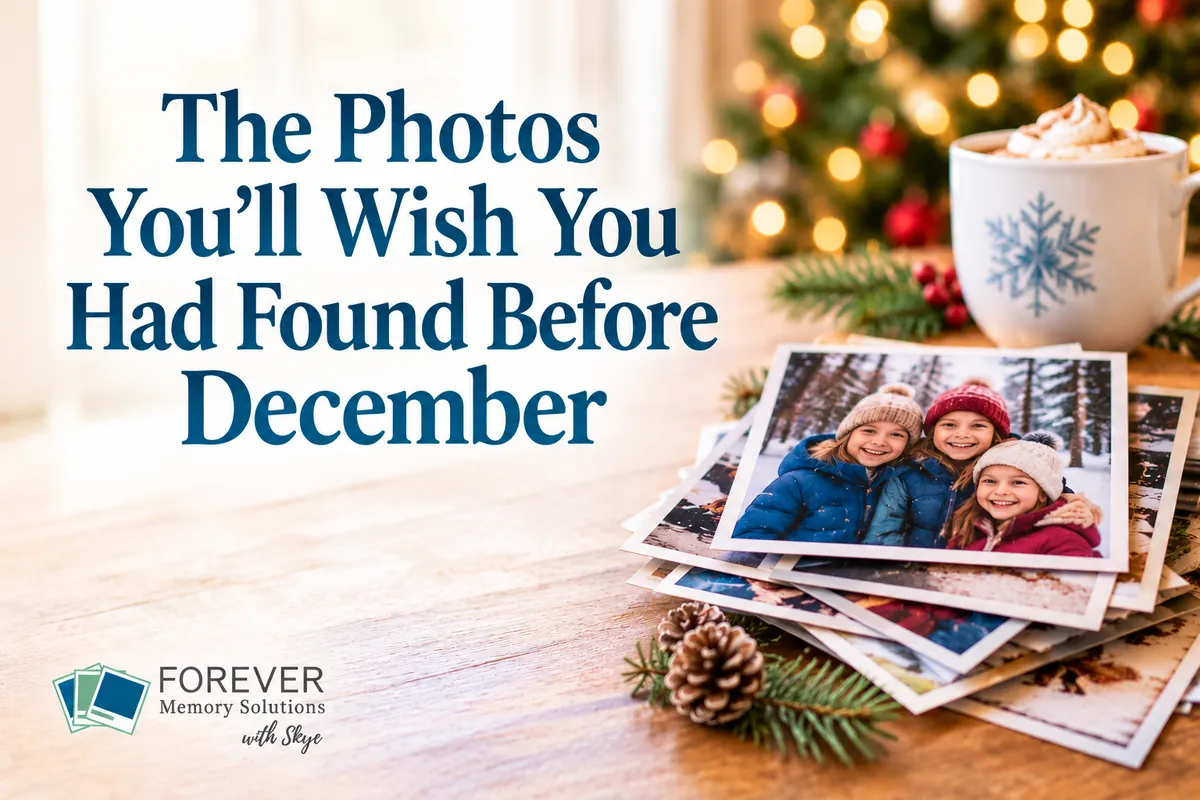 Holiday-themed Memory-Keeping Memo cover featuring printed family photos, evergreen branches, a pinecone and warm drink with the title “The Photos You’ll Wish You Had Found Before December.”