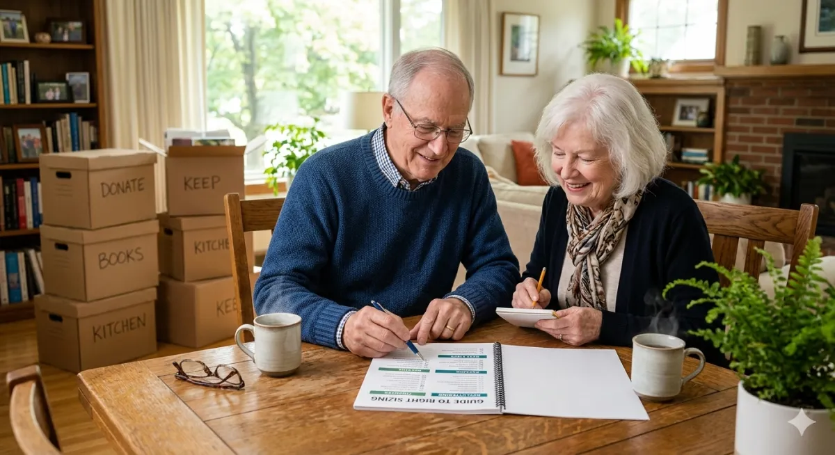 Smiling Minnesota senior couple reviewing a retirement financial planning guide at their dining table, organizing downsizing and home decluttering boxes labeled donate, keep, books, and kitchen—concept of retirement budgeting, estate planning, and senior financial organization at home.