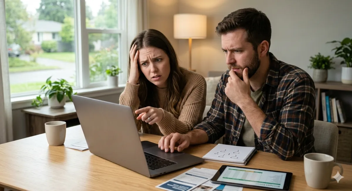 A young couple at a kitchen table in Big Lake, MN, looking concerned and perplexed while using a laptop for home buying research.