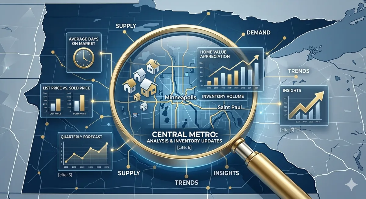 An infographic focusing on the central Minnesota real estate market, analyzing trends and inventory updates.