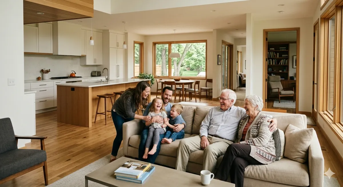 A large, laughing multi-generational family relaxing on the couch in their spacious and modern Minnesota home.