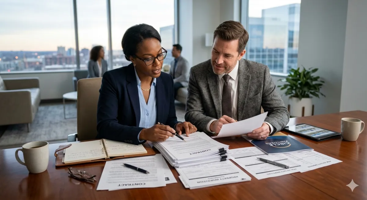 Two professionals in a modern Minnesota real estate office collaborating on contracts and documents at a conference table.