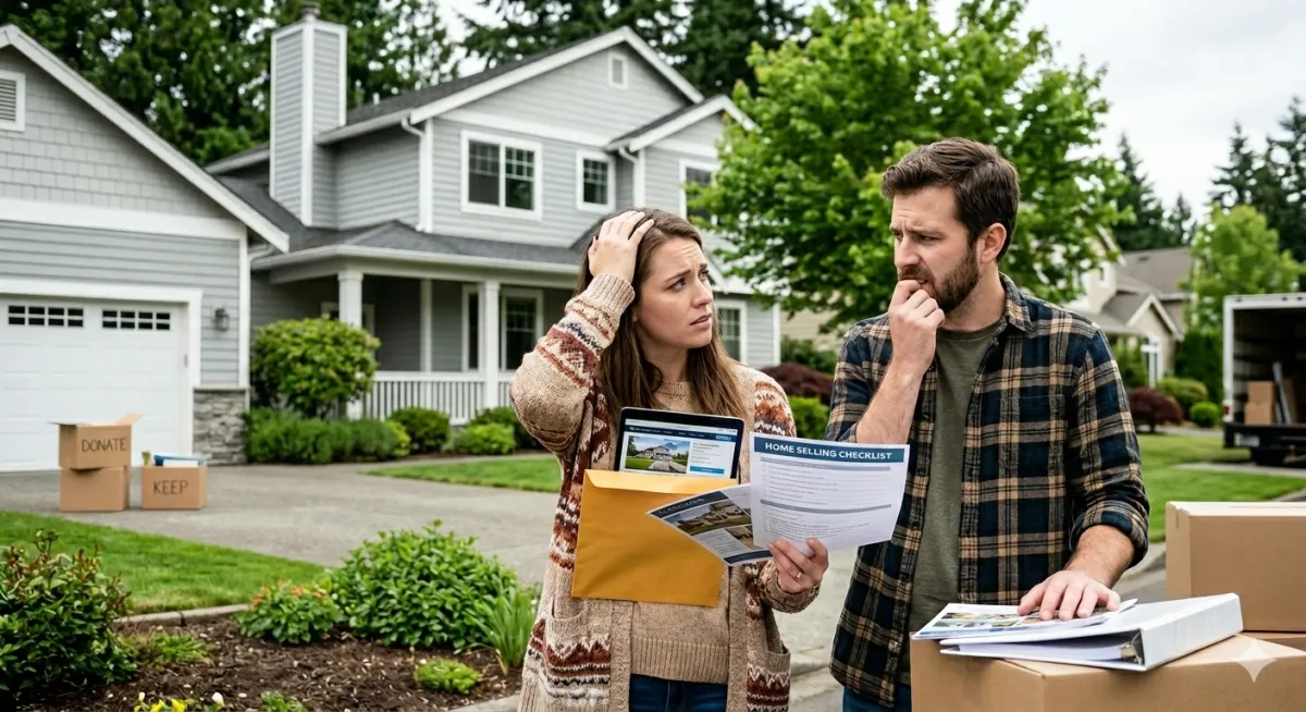 A stressed couple, holding a home selling checklist and a laptop displaying listings, stands amidst moving boxes and a prominent 'FOR SALE' sign. Their Minnesota home, featuring classic grey siding and a manicured yard, serves as the backdrop to their anxious relocation planning.