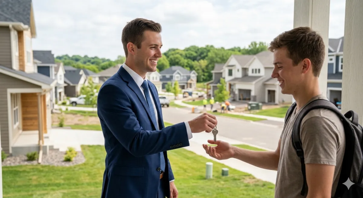 Real estate agent handing keys to a new first time home buyer in a suburban neighborhood.