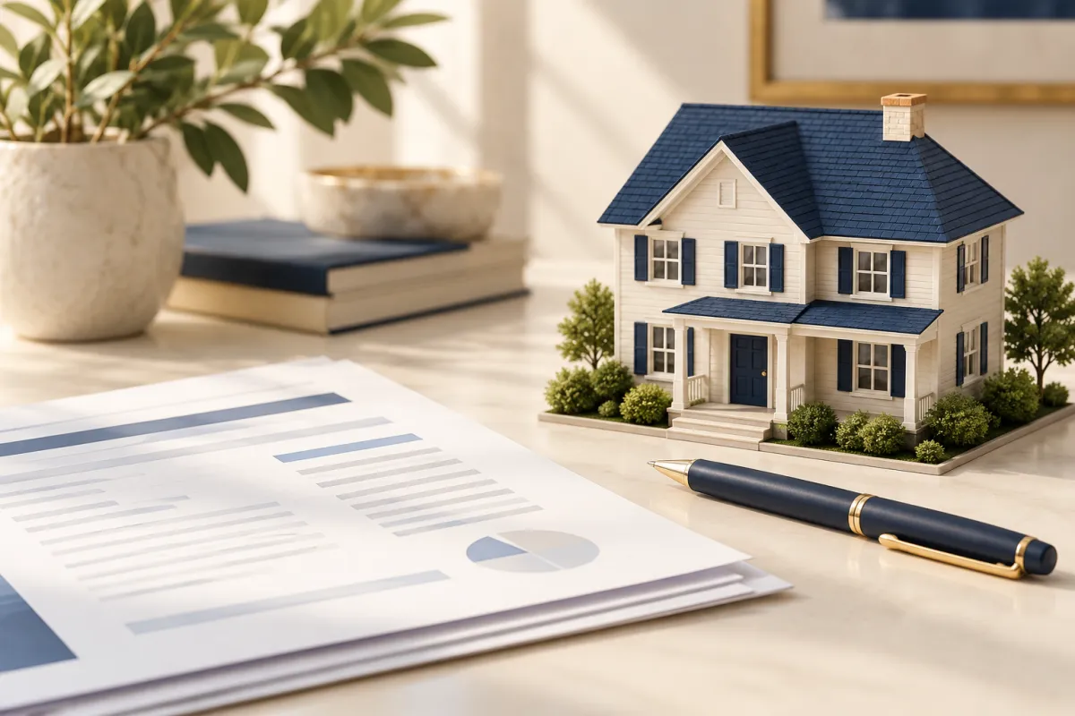 Ivory model home with a navy roof beside financial-planning paperwork and a navy-and-gold pen.
