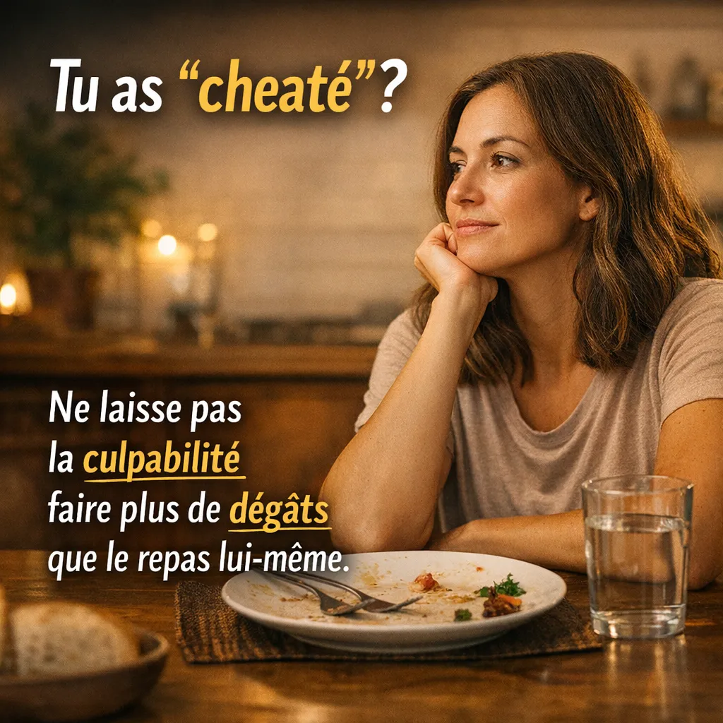 Une personne assise à la table après un repas plaisir, l’air pensif mais calme, avec un verre d’eau, une assiette partiellement vide et une ambiance chaleureuse qui évoque le retour à l’équilibre sans culpabilité.