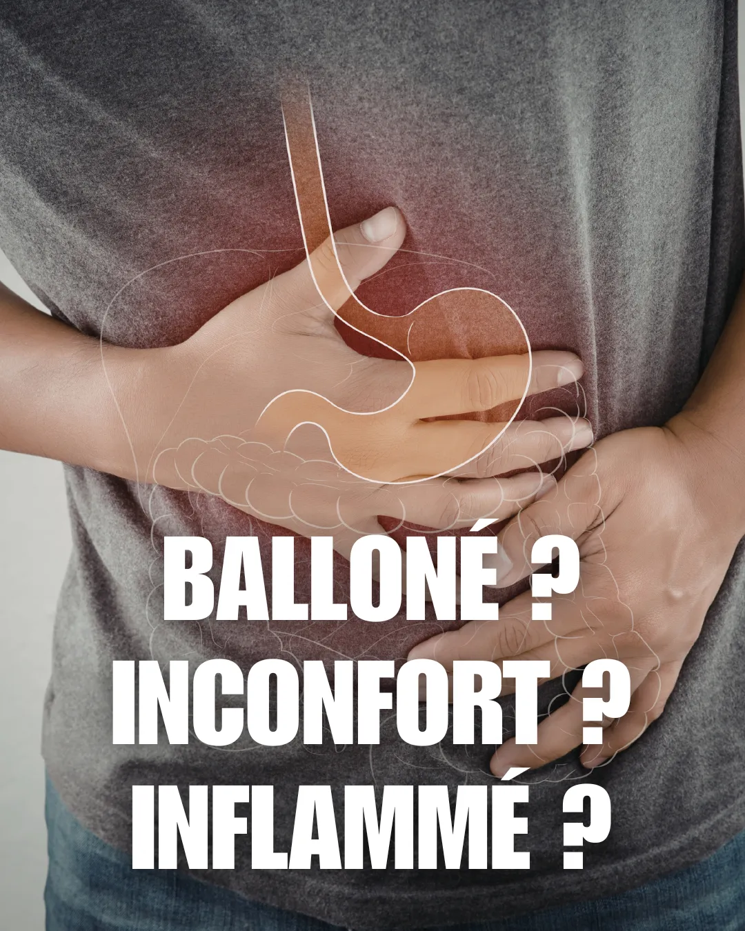 Personne assise à une table avec aliments simples et nutritifs, main sur le ventre, illustrant la santé digestive et l’inflammation intestinale.