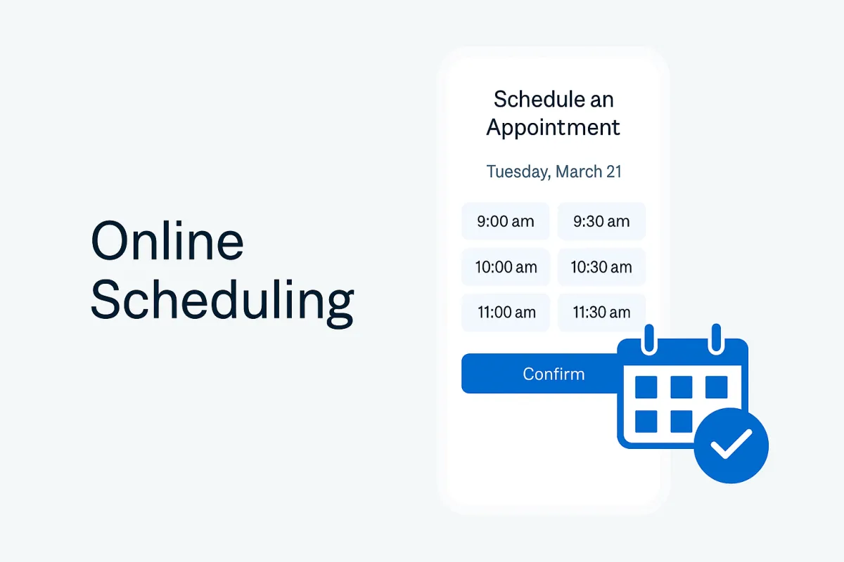 Growlium's 24/7 online scheduling interface allowing patients to book dental appointments outside office hours.