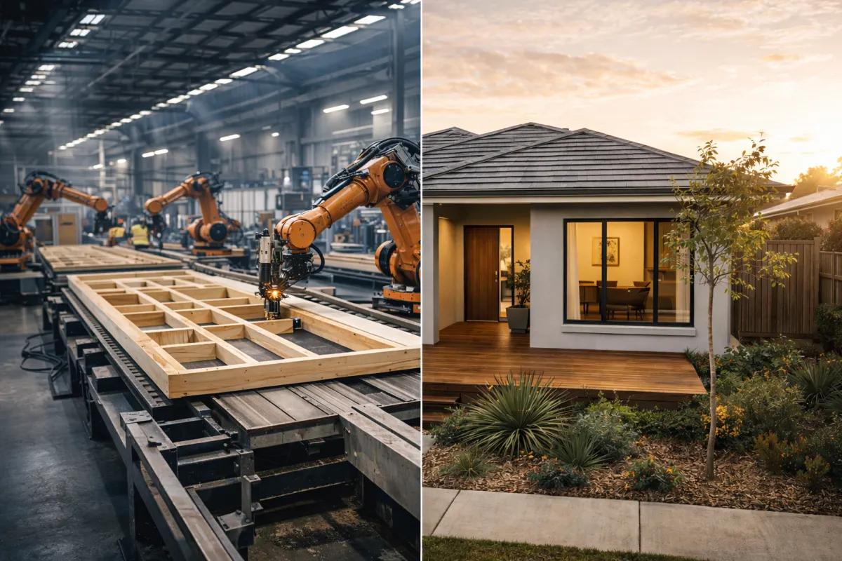 Modern prefab housing factory with robotic assembly line producing wall panels for modular homes in Australia