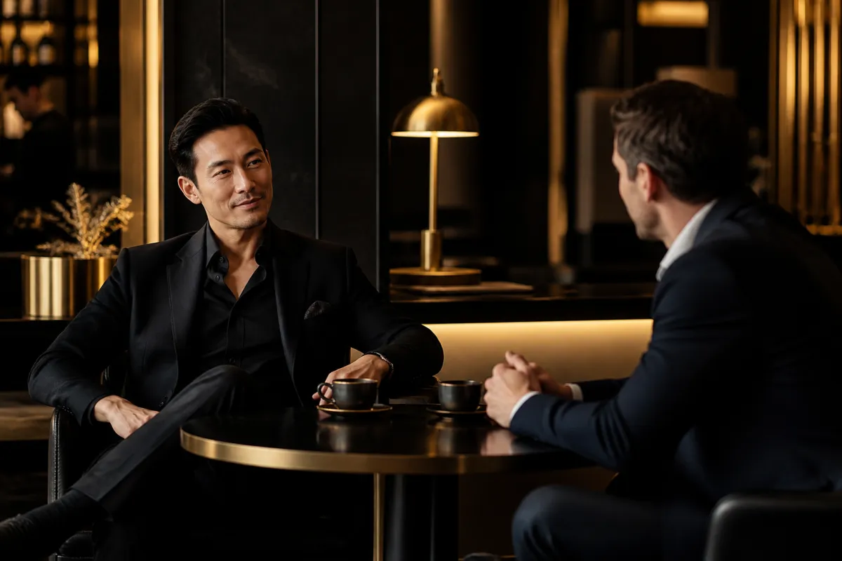 2 gentlement having intimate conversation in luxe lounge