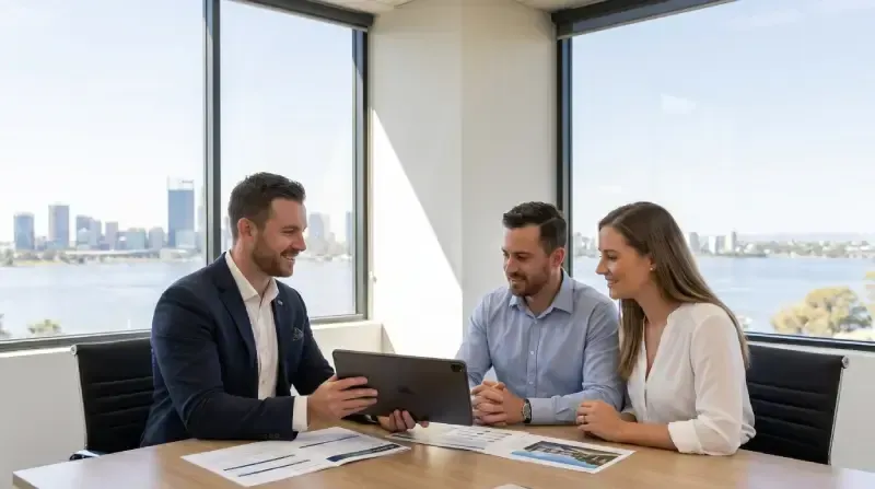 A photograph of a professional meeting where a male advisor in a suit presents property options on a tablet to a seated young couple. They are gathered around a wooden table with informational brochures. Large windows in the background display a panoramic view of the Perth city skyline and the Swan River on a clear day.