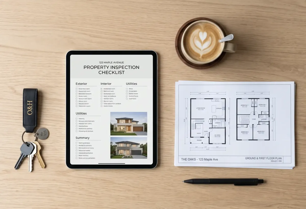 Flat lay shot on a clean light-wood background featuring modern minimalist house keys, a black pen, an iPad displaying a clean property checklist layout, architectural floor plans, and a warm cup of coffee, professional real estate photography, soft natural lighting, high resolution, stylish, clean composition