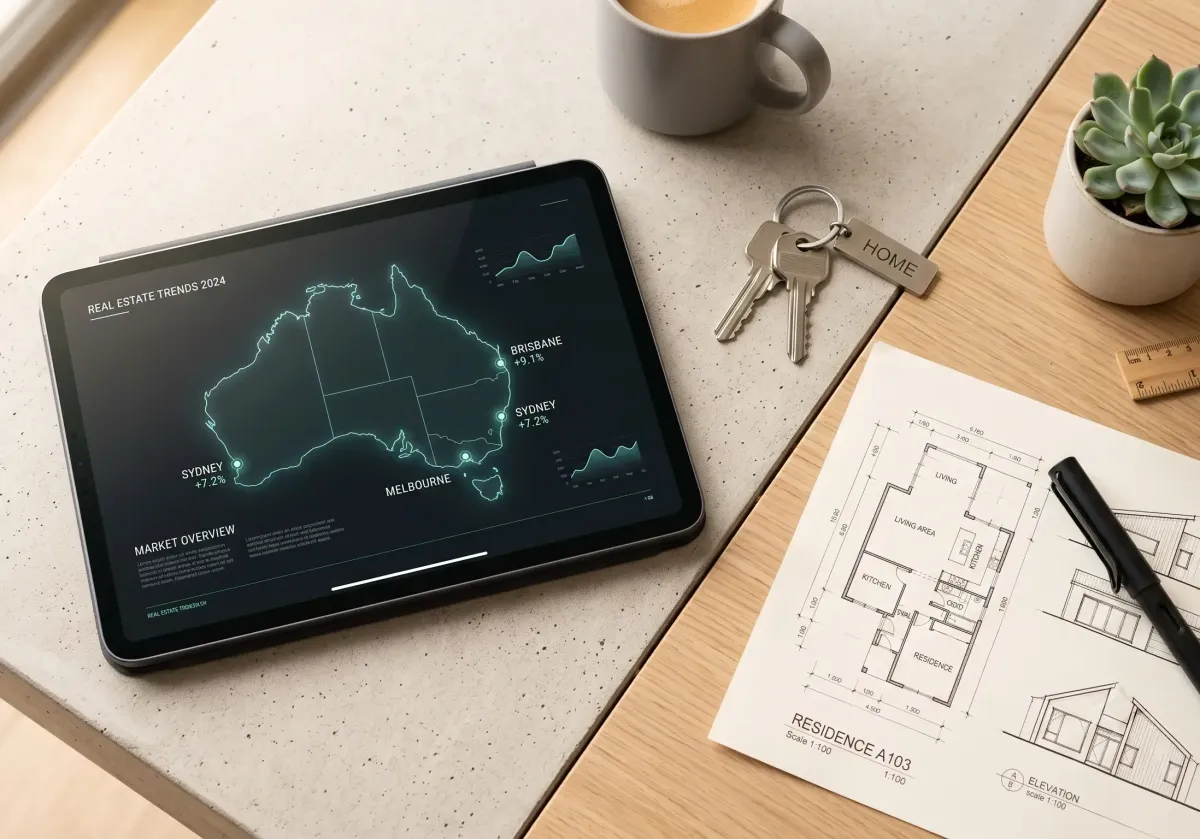 Clean minimalist flat lay shot on a modern concrete and light wood desk, featuring a tablet displaying a minimalist glowing map of Australia with data graphics, modern stainless steel house keys, architectural sketches, professional real estate photography style, warm soft sunlight, ultra high quality --ar 16:9