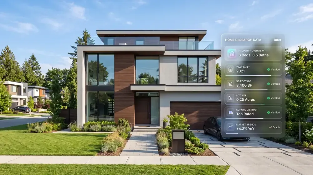 A high-resolution editorial real estate photograph of a modern multi-story suburban home with wood and concrete cladding on a bright, sunny day. On the right, a floating semi-transparent glass-morphism UI card displays verified property research data, including bedroom count, square footage, lot size, and market trends.
