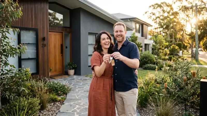 A smiling couple holds up house keys outside a modern suburban home during golden hour.