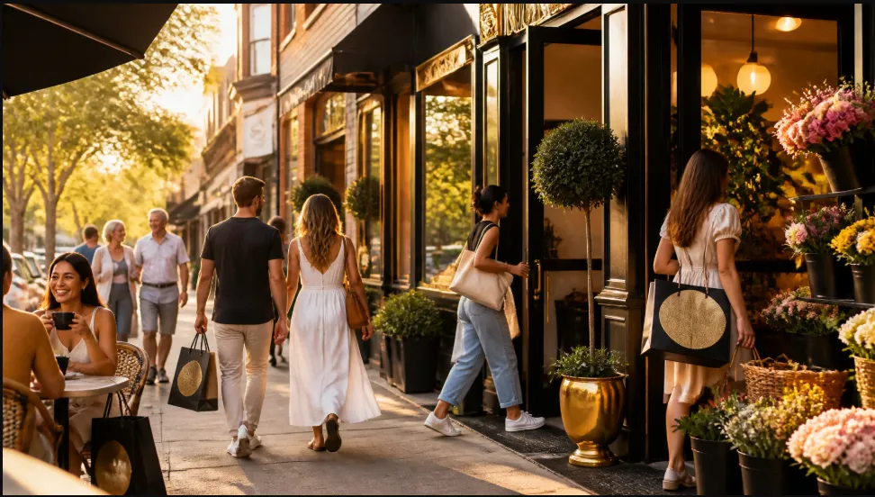 A vibrant, diverse neighborhood street scene bathed in warm, golden sunlight. People are enjoying themselves, walking past charming boutique storefronts, carrying shopping bags, and sitting at an outdoor cafe, capturing a welcoming community atmosphere.