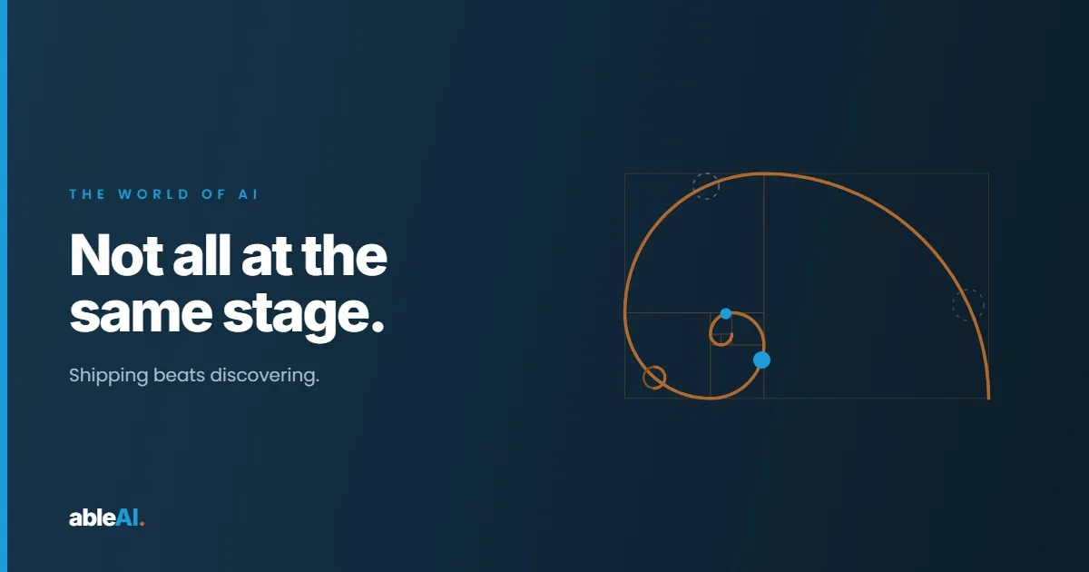 A copper Fibonacci spiral over a deep navy field with five nodes of varying weight representing emerging AI technologies at different stages of adoption