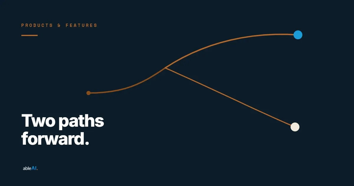 A single Fibonacci spiral forking into two copper paths of different weight, representing a choice between a positioning report and a visibility report.