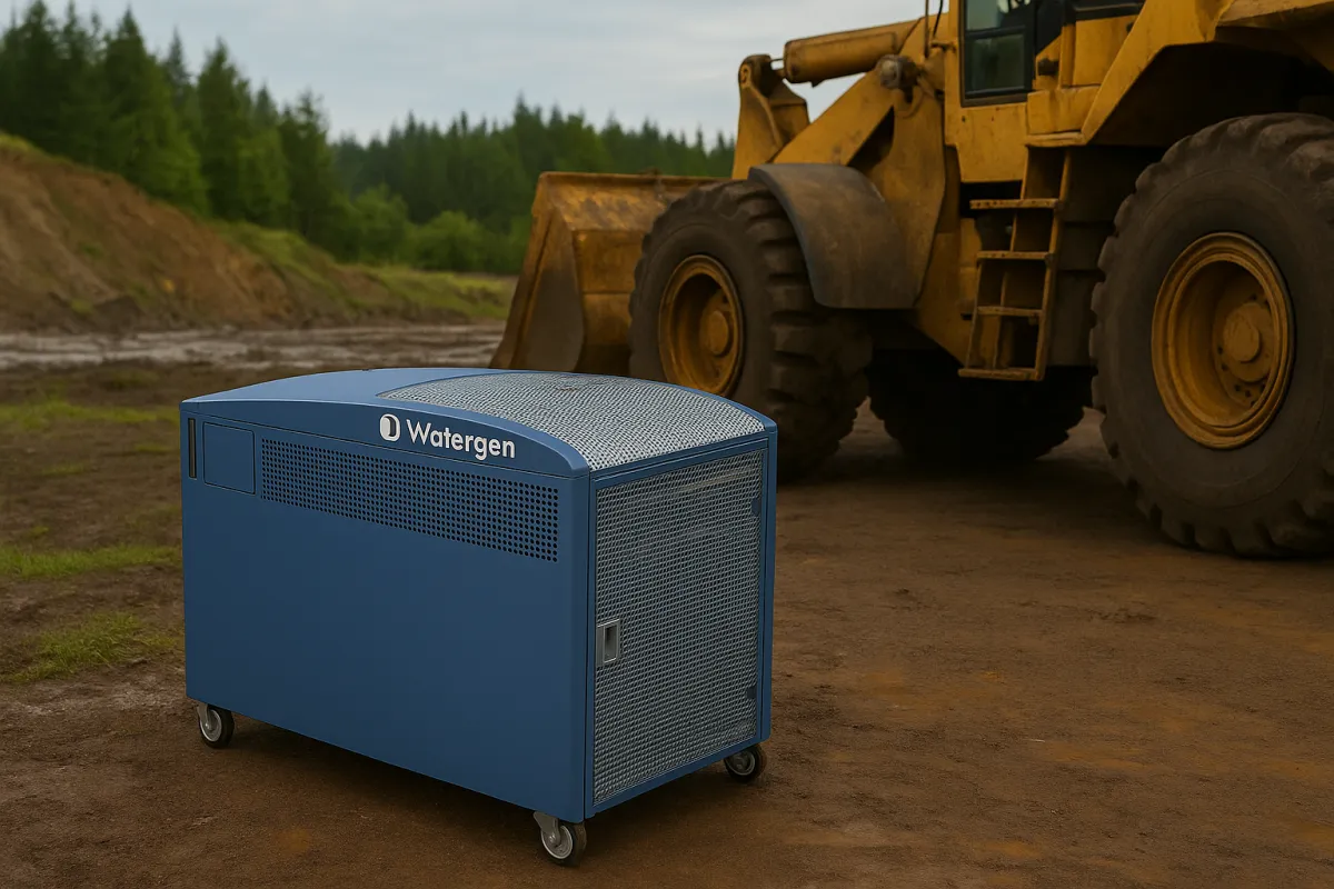 AWG in use at a remote mining camp, workers filling containers, arid landscape, clear demonstration of on-site water generation.