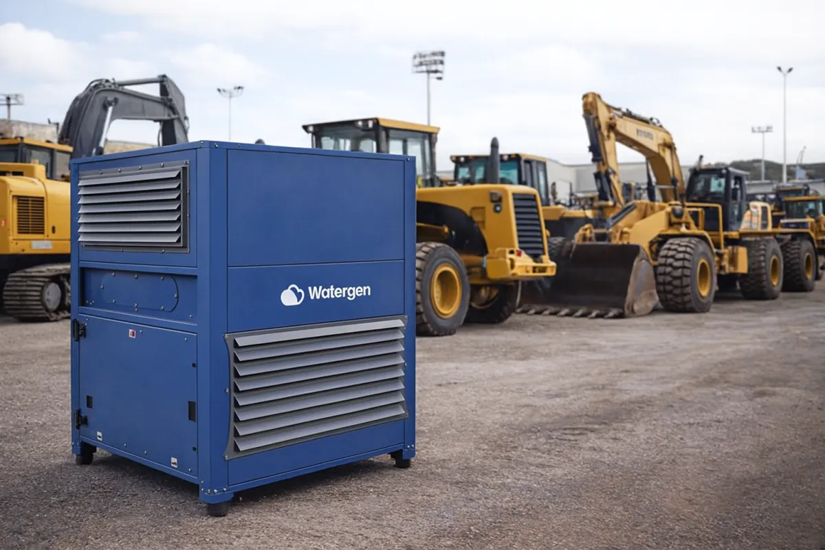 Modern atmospheric water generator unit positioned on a construction site, surrounded by heavy equipment, with clear blue sky and industrial background. The AWG is prominent, clean, and visually distinct from other machinery.