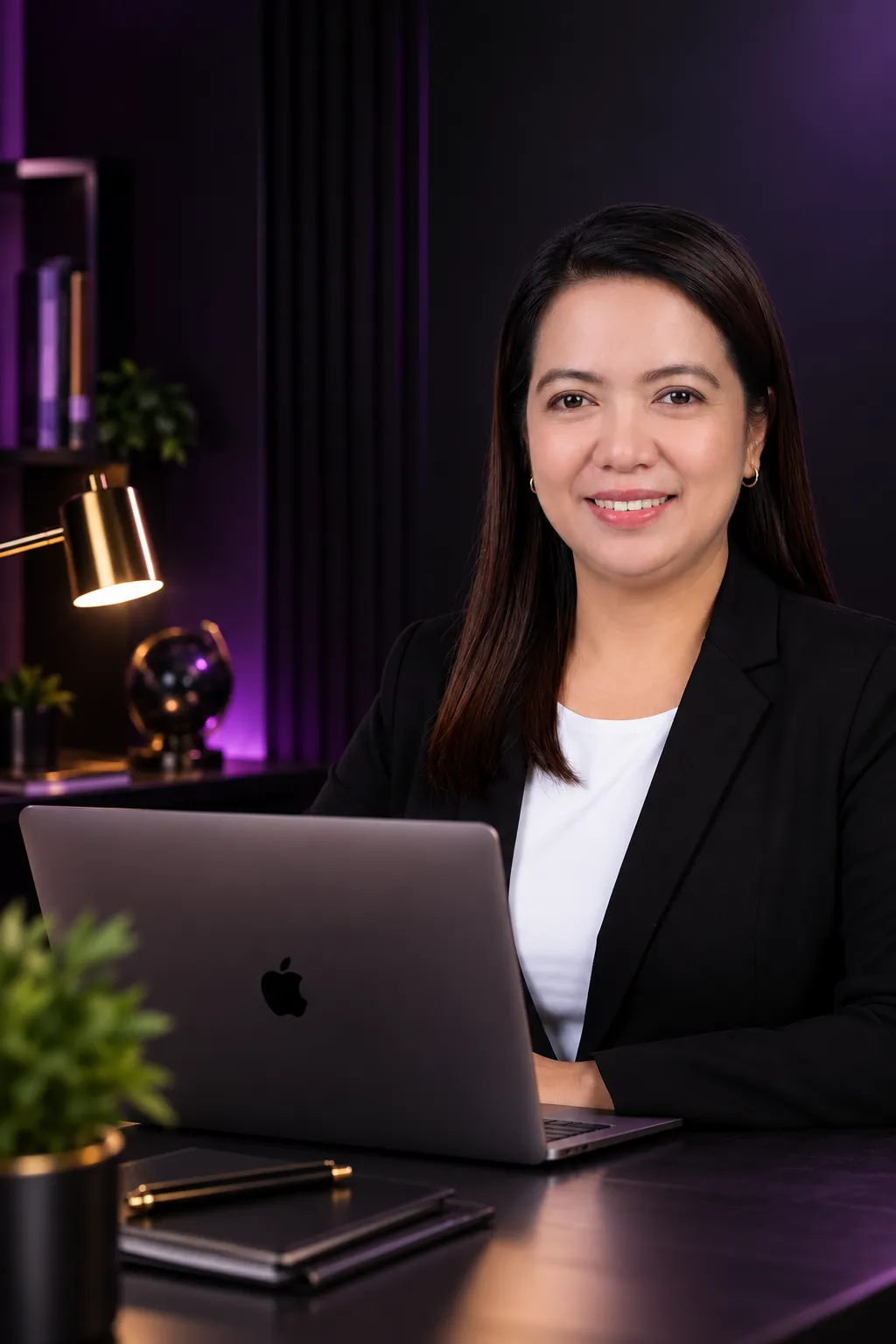 High-end luxury workspace with dual monitors, clean circuit blueprint accents, and subtle ambient purple lighting