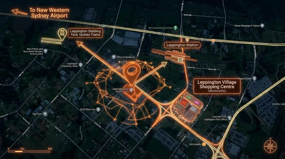 3D aerial masterplan map showcasing Western Sydney International Airport, Aerotropolis corridor, and direct transport links to Leppington