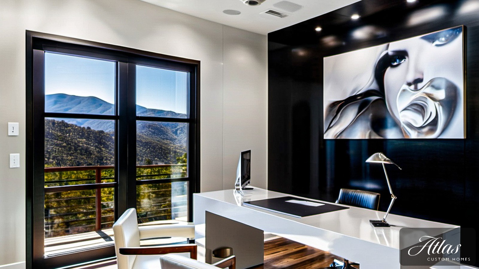 Modern home office with desk and two chairs and Hill Country mountain view, representing a custom home pricing and contract meeting, Atlas Custom Homes logo overlay